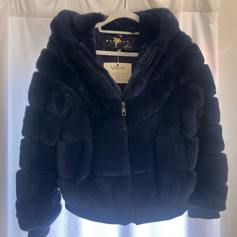 Navy Rabbit Fur Bomber Jacket - Picture 4 of 7